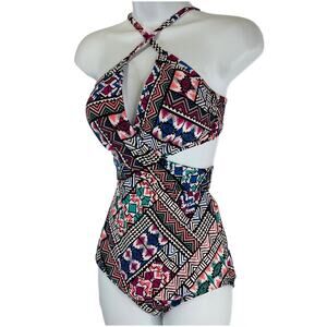 Jantzen Multicolor Geometric One-Piece Swimsuit — Pink, Blue, Black, Teal